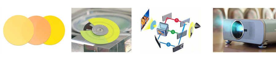 China Glaze Co., Ltd.（和名：チャイナグレーズ株式会社） のプロジェクター用蛍光体分散ガラス Phosphor Wheel for Laser Applicationsである製品画像とプロジェクター用蛍光体分散ガラスを使用した製品イメージ画像